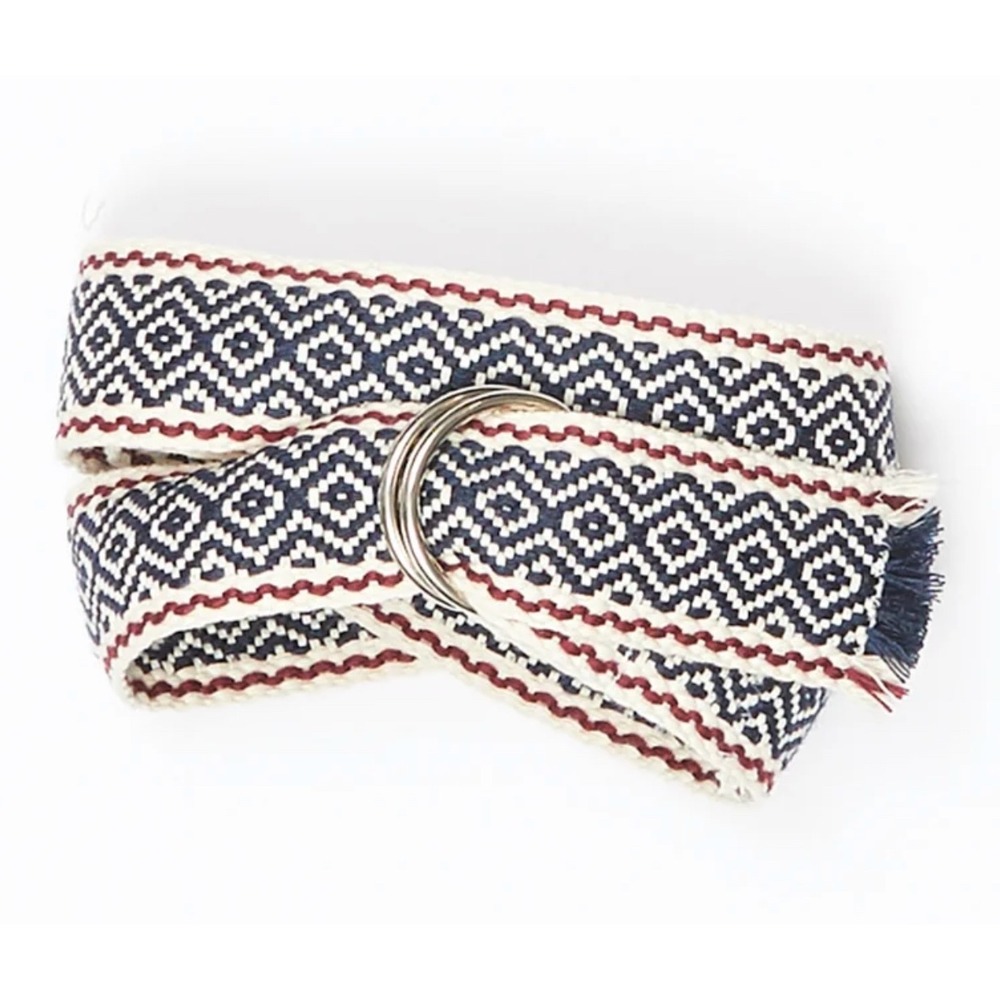 XIRENA Roadtrip Webbed Belt FRAYED EDGE Double D-Ring NAVY DARK RED CREAM sz M/L